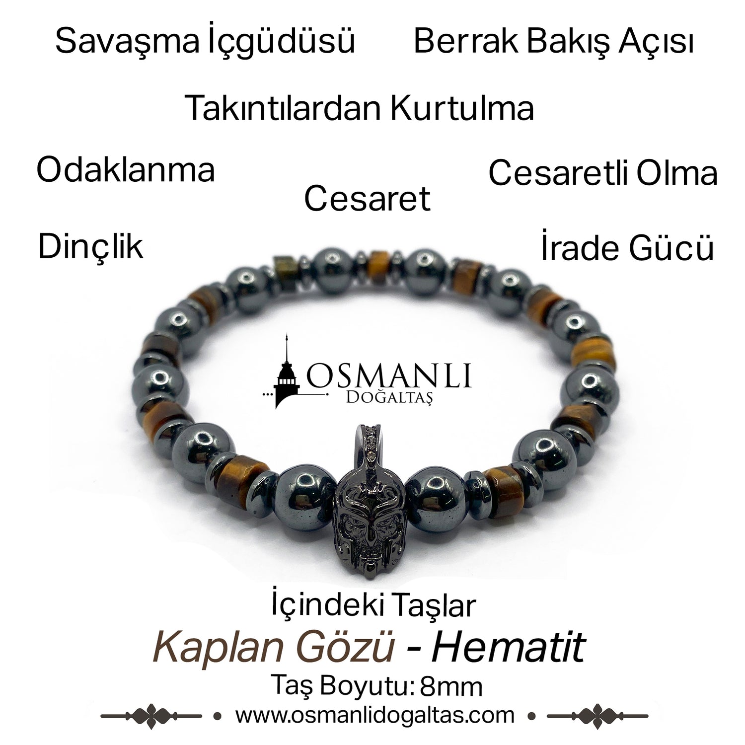 Sertifikalı Hakiki Orijinal Kaplan Gözü - Hematit 8mm Gladyatör Aparatlı Misinalı Doğal Taş Bileklik