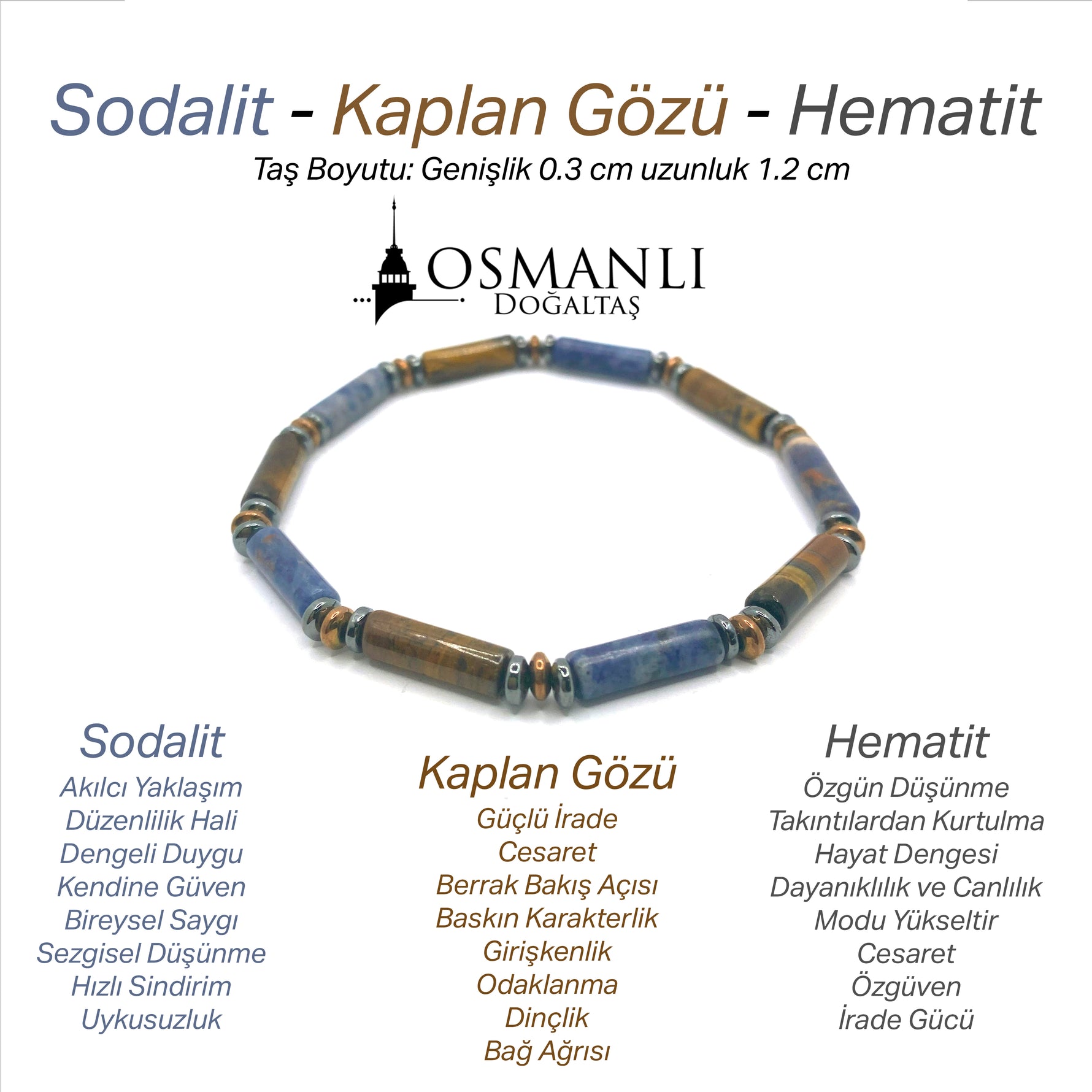 Sertifikalı Hakiki Orijinal Kaplan Gözü - Sodalit - Hematit Doğal Taş Misinalı Bileklik