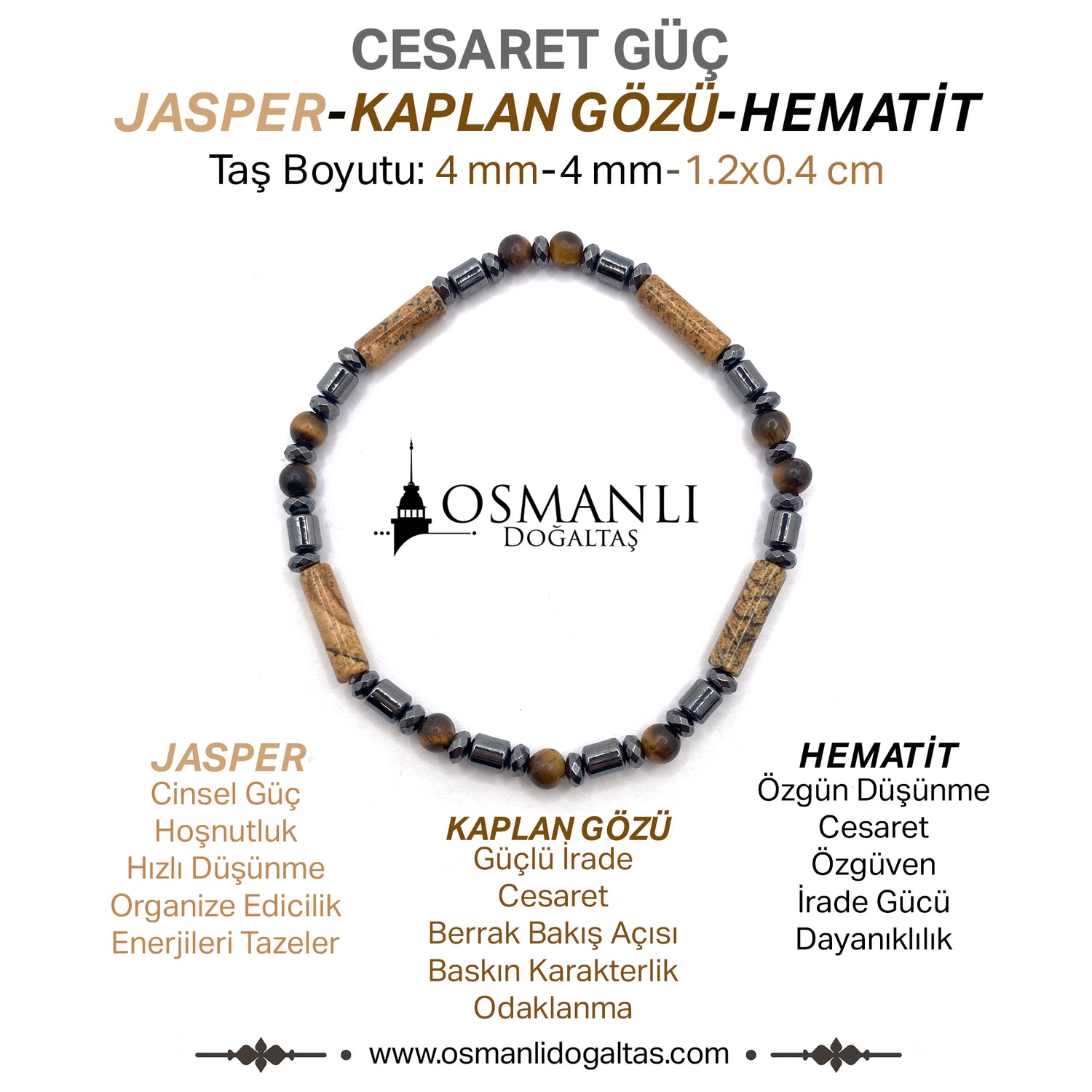 Sertifikalı Orjinal Kaplan Gözü-Jasper-Hematit Doğal Taş Bileklik