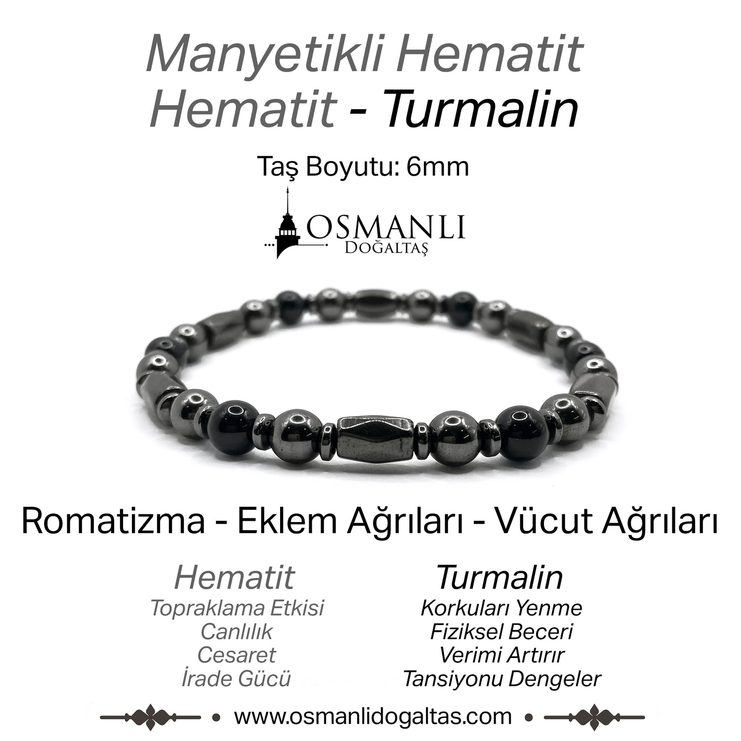 Sertifikalı Manyetikli Hematit - Hematit - Turmalin Doğal Taş Bileklik Romatizma Eklem Ağrıları