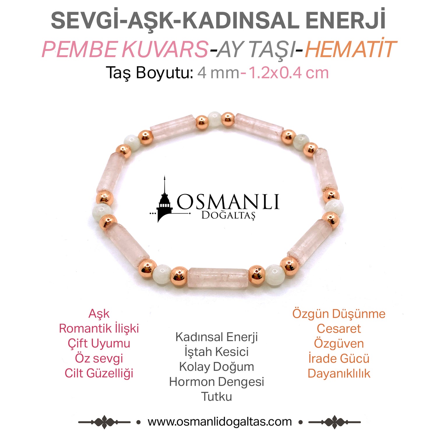 Sertifikalı Pembe Kuvars-Ay Taşı-Hematit Doğal Taş Bileklik
