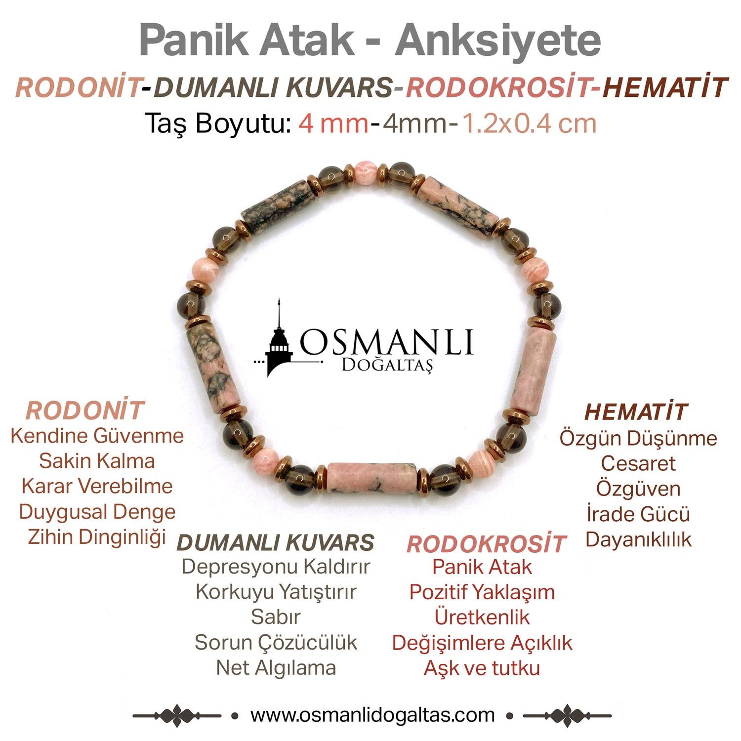 Sertifikalı Hakiki Rodonit-Rodokrosit-Hematit Doğal Taş Bileklik
