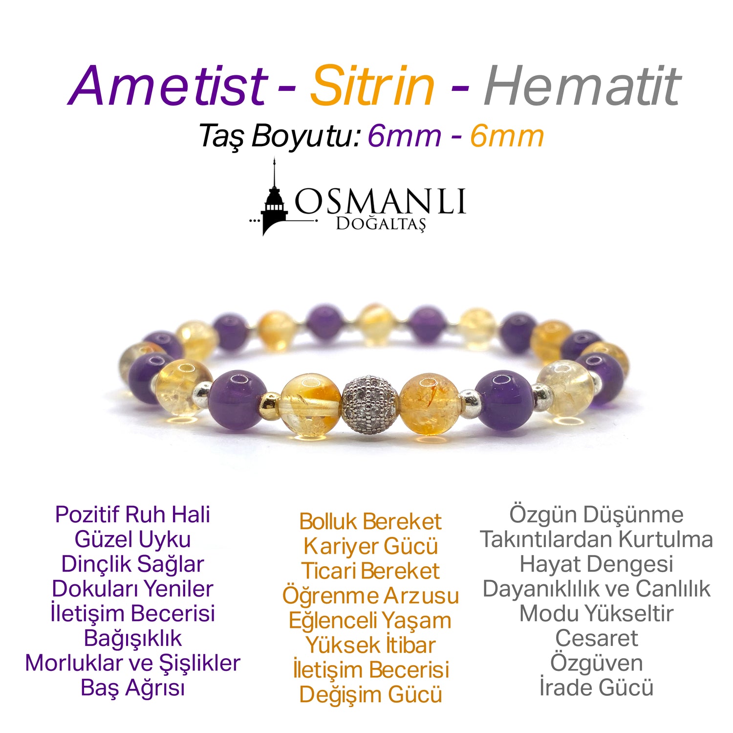 Sertifikalı Orijinal Hakiki 6mm Ametist - Sitrin - Gri Hematit - Zirkon Aparatlı Misinalı Bileklik