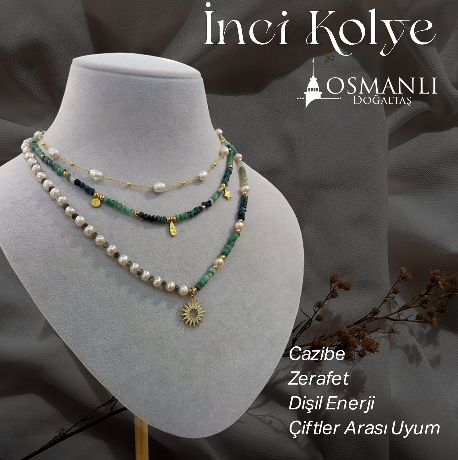 Sevgililer Gününe Özel İnci - Zümrüt Doğal Taş 925 Ayar Gümüş Kolye Seti 3&