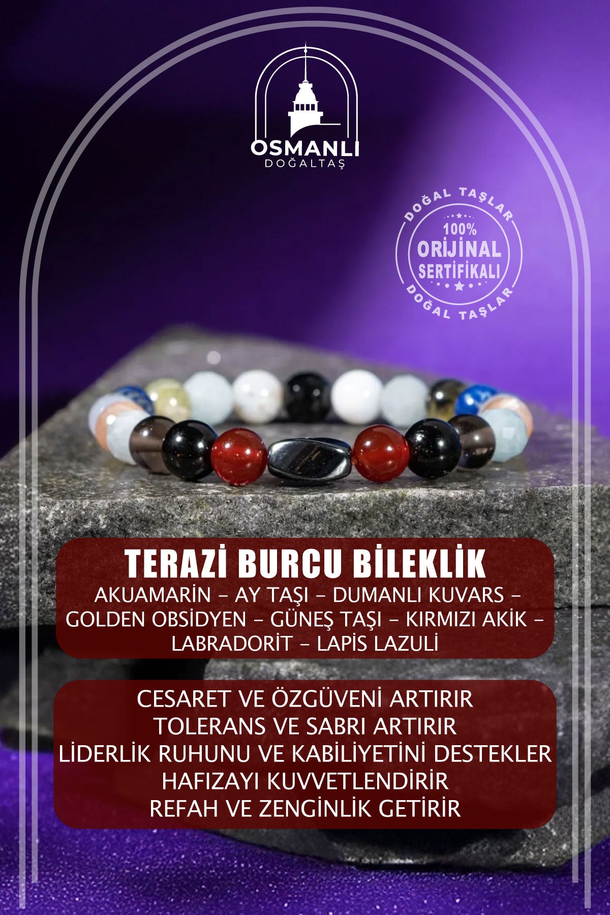 Terazi Burcu Bileklik Akuamarin, Ay Taşı, Dumanlı Kuvars, Golden Obsidyen, Güneş Taşı, Kırmızı Akik, Labradorit, Lapis Lazuli