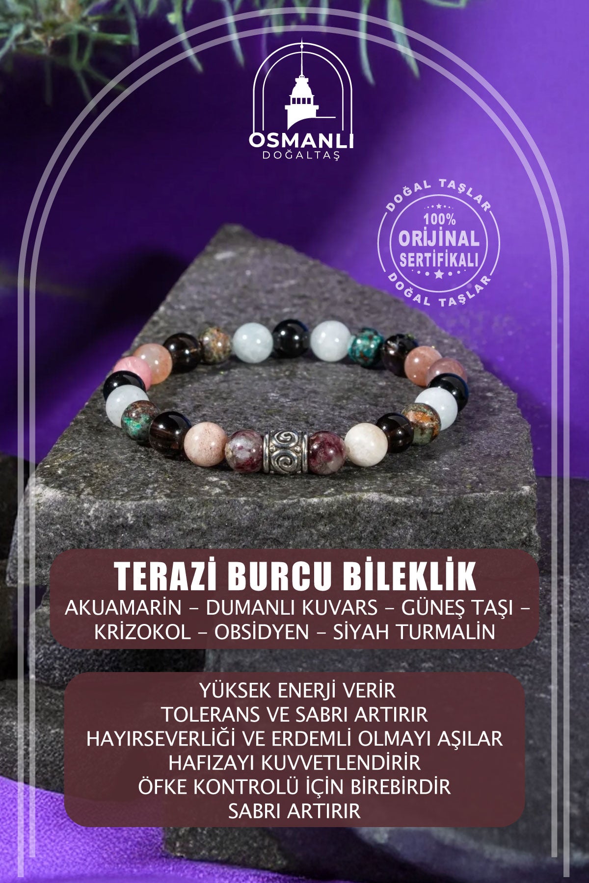 Terazi Burcu Bileklik Akuamarin, Dumanlı Kuvars, Güneş Taşı, Krizokol, Obsidyen, Siyah Turmalin