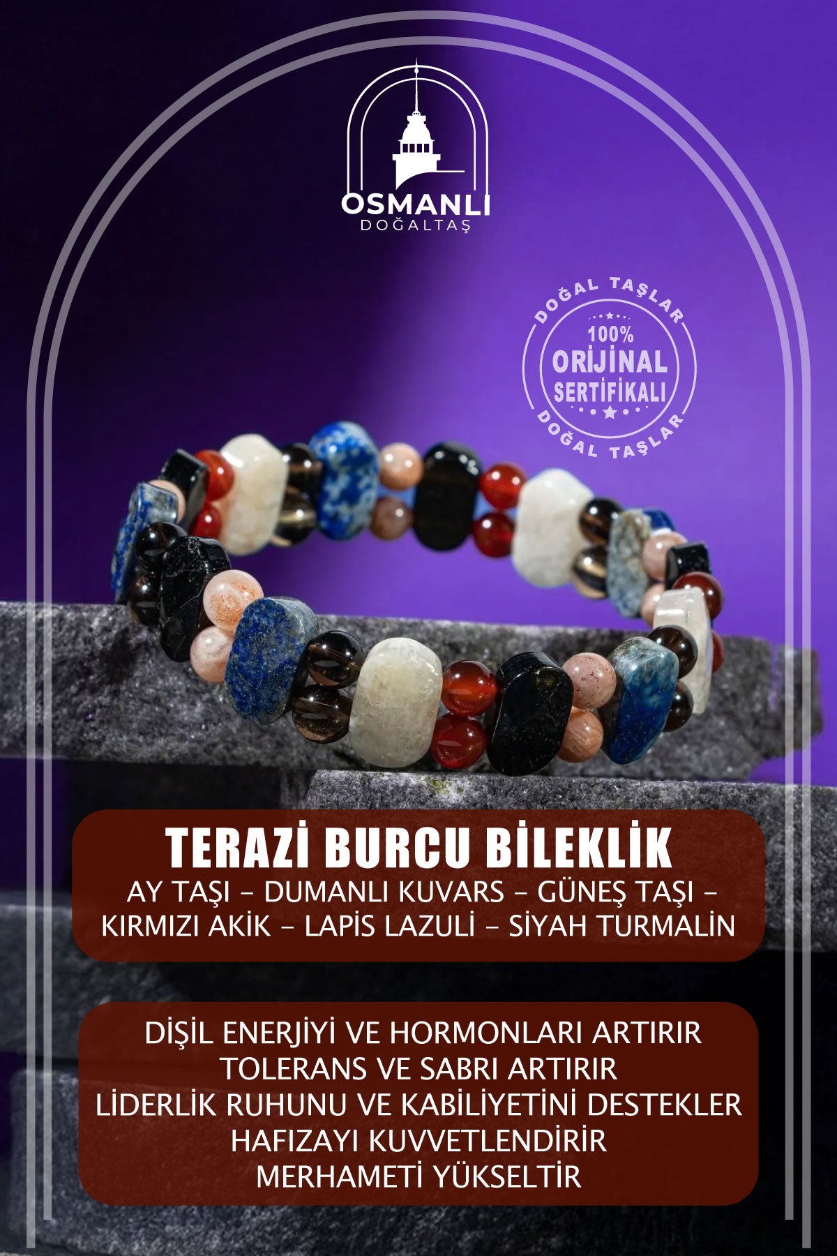 Terazi Burcu Bileklik Ay Taşı, Dumanlı Kuvars, Güneş Taşı, Kırmızı Akik, Lapis Lazuli, Siyah Turmalin