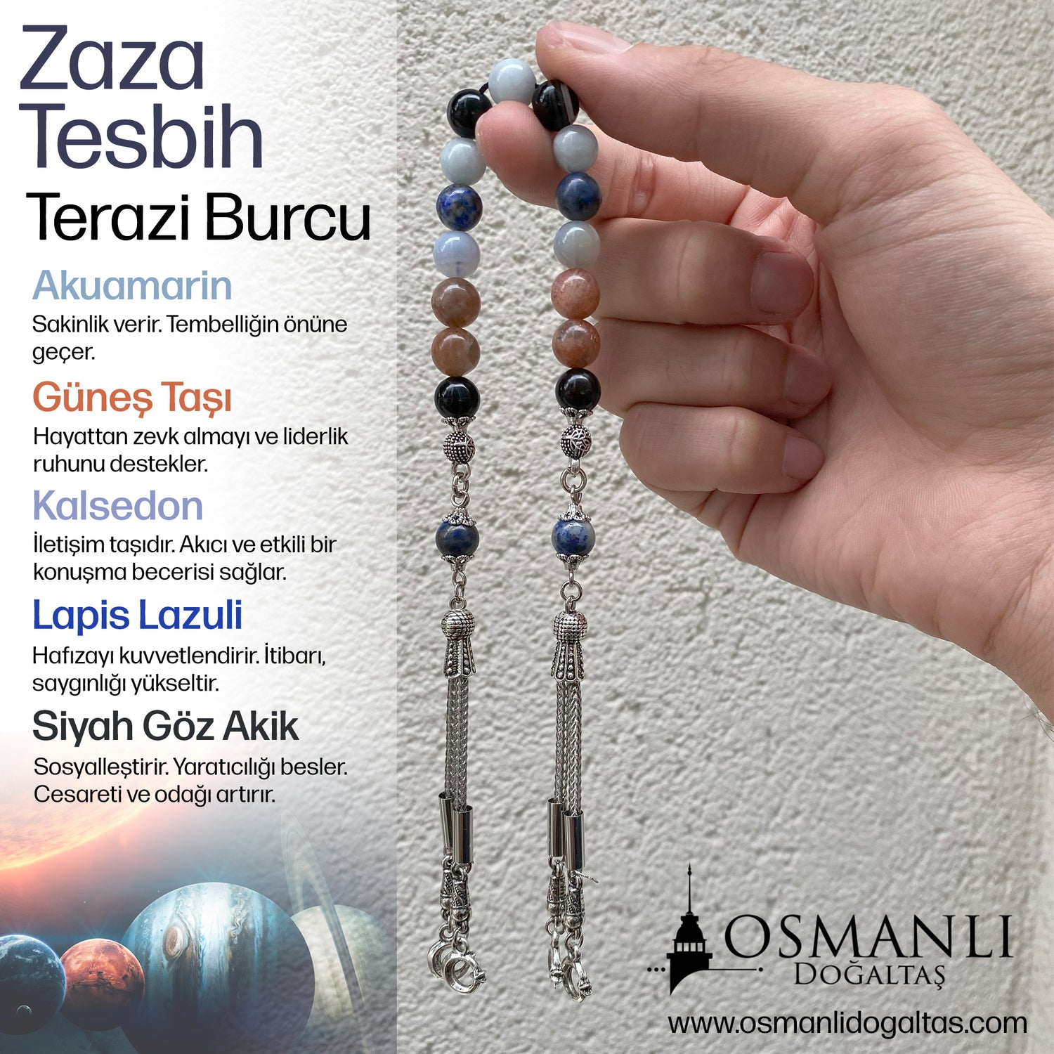 Terazi Burcu Zaza Tesbih Doğal Taş Akuamarin, Güneş Taşı, Kalsedon, Lapis Lazuli, Siyah Göz Akik
