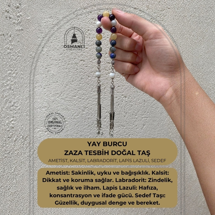 Yay Burcu Zaza Tesbih Doğal Taş Ametist, Kalsit, Labradorit, Lapis Lazuli, Sedef