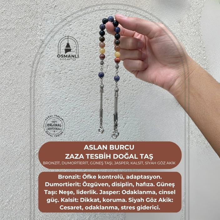 Aslan Burcu Zaza Tesbih Doğal Taş Bronzit, Dumortierit, Güneş Taşı, Jasper, Kalsit, Siyah Göz Akik