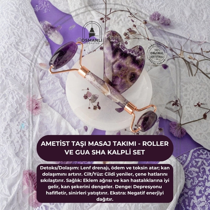 Ametist Taşı Masaj Takımı - Roller ve Gua Sha Kalpli Set