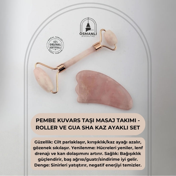 Pembe Kuvars Taşı Masaj Takımı - Roller ve Gua Sha Kaz Ayaklı Set