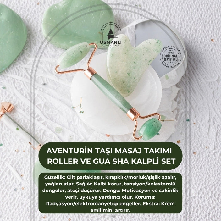 Aventurin Taşı Masaj Takımı - Roller ve Gua Sha Kalpli Set