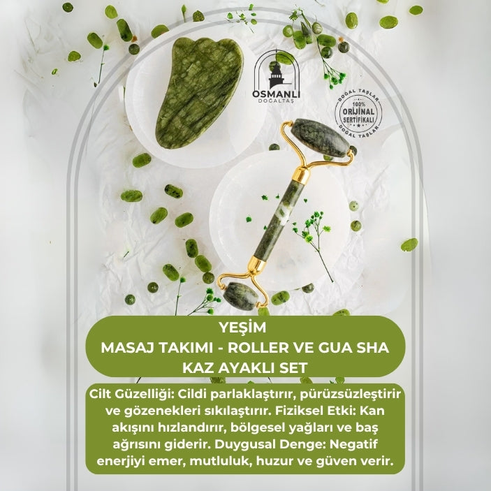 Yeşim Taşı Masaj Takımı - Roller ve Gua Sha Kaz Ayaklı Set