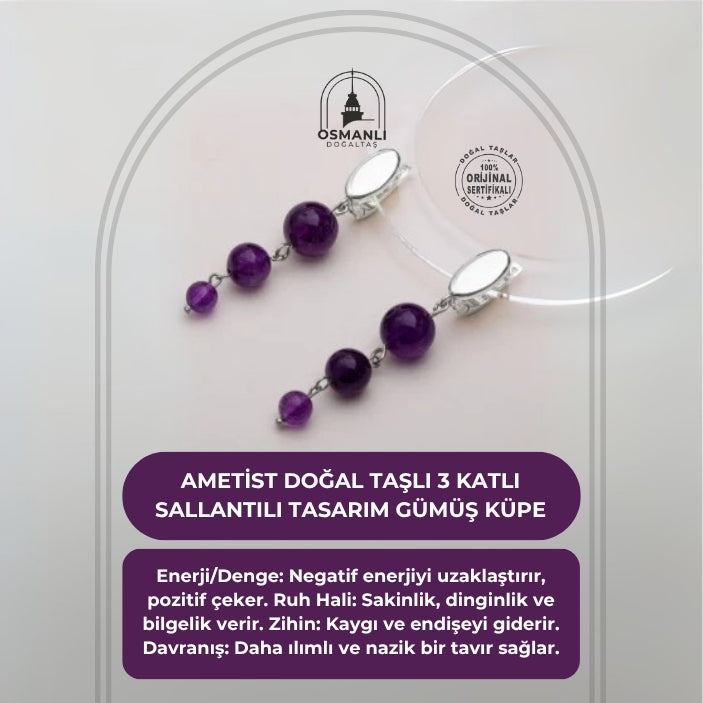 Sertifikalı Ametist Doğal Taşlı 3 Katlı Sallantılı Tasarım Gümüş Küpe