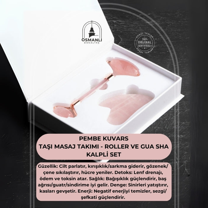 Pembe Kuvars Taşı Masaj Takımı - Roller ve Gua Sha Kalpli Set