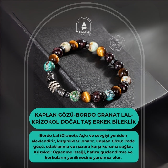 Kaplan Gözü-Bordo Granat Lal-Krizokol Doğal Taş Erkek Bileklik