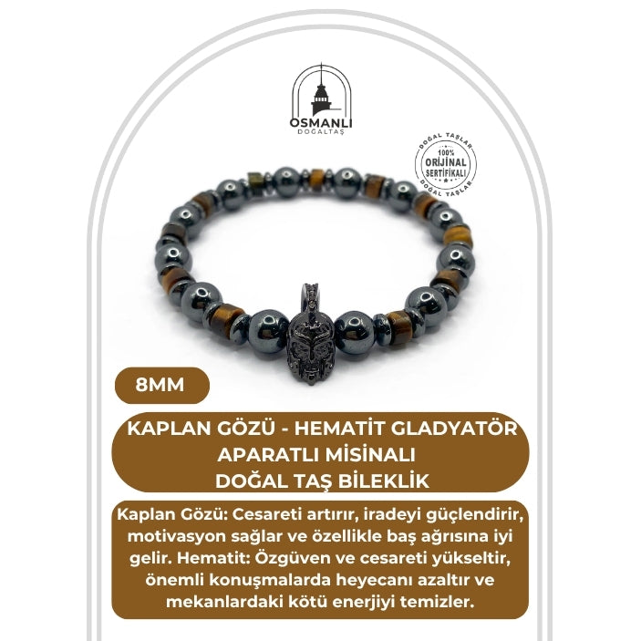 Sertifikalı Hakiki Orijinal Kaplan Gözü - Hematit 8mm Gladyatör Aparatlı Misinalı Doğal Taş Bileklik