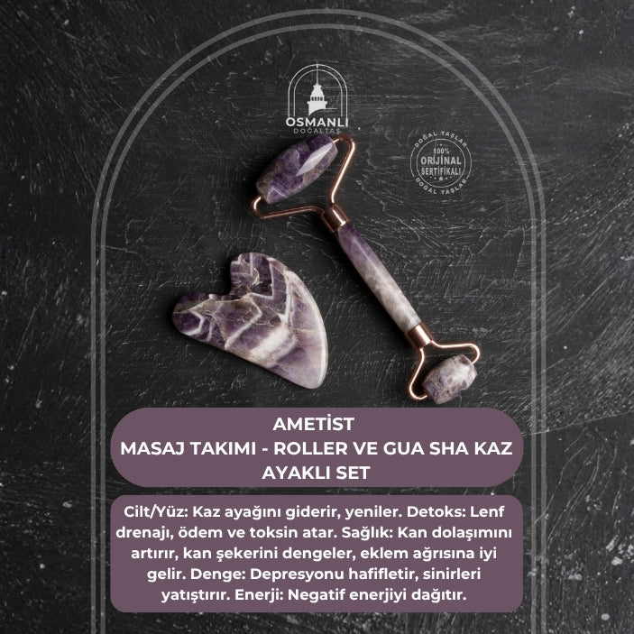 Ametist Taşı Masaj Takımı - Roller ve Gua Sha Kaz Ayaklı Set