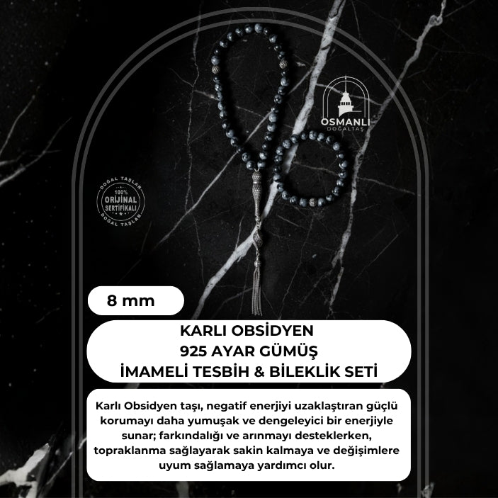Sertifikalı Karlı Obsidyen 925 Ayar Gümüş 8 mm İmameli Tesbih & Bileklik Seti