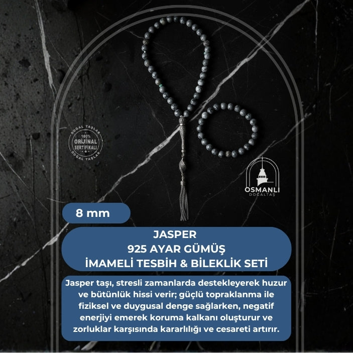 Sertifikalı Jasper 925 Ayar Gümüş 8 mm İmameli Tesbih & Bileklik Seti