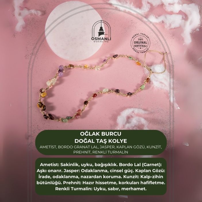 Oğlak Burcu Kolye Ametist, Bordo Granat Lal, Jasper, Kaplan Gözü, Kunzit, Prehnit, Renkli Turmalin