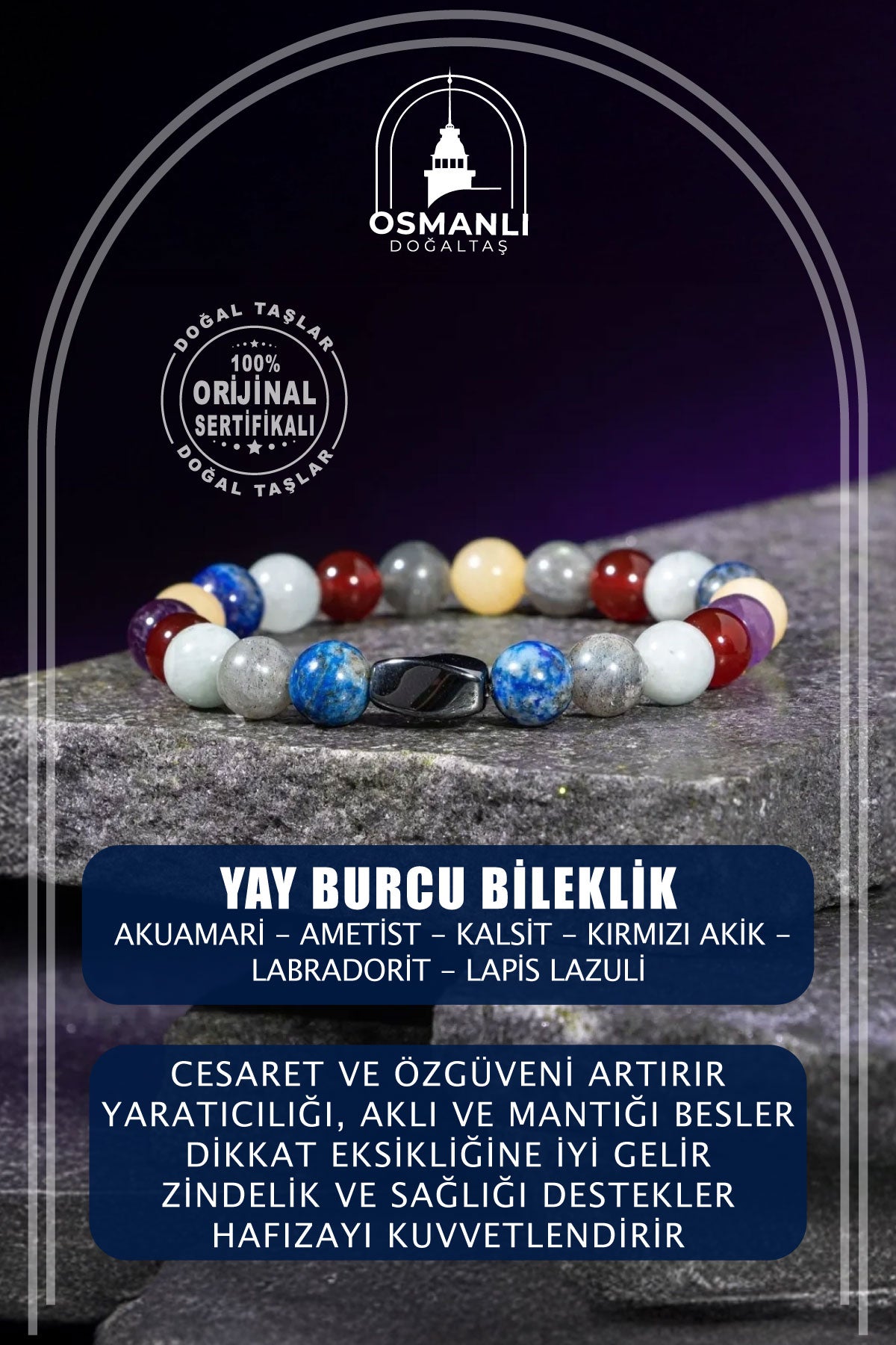 Yay Burcu Bileklik Akuamarin, Ametist, Kalsit, Kırmızı Akik, Labradorit, Lapis Lazuli