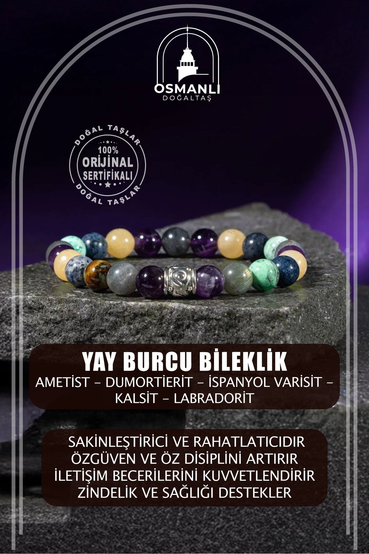 Yay Burcu Bileklik Ametist, Dumortierit, İspanyol Varisit, Kalsit, Labradorit