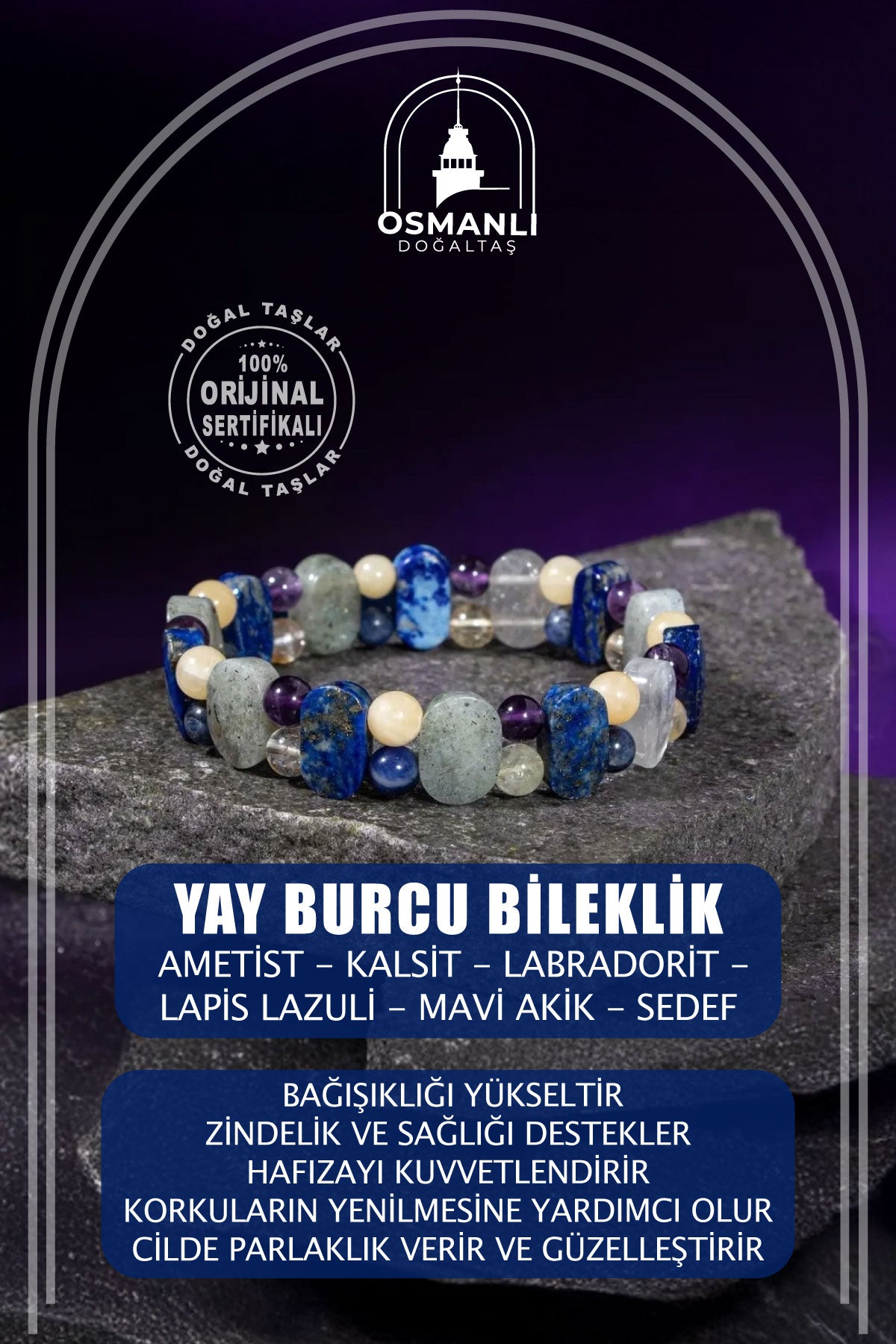 Yay Burcu Bileklik Ametist, Kalsit, Labradorit, Lapis Lazuli, Mavi Akik, Sedef