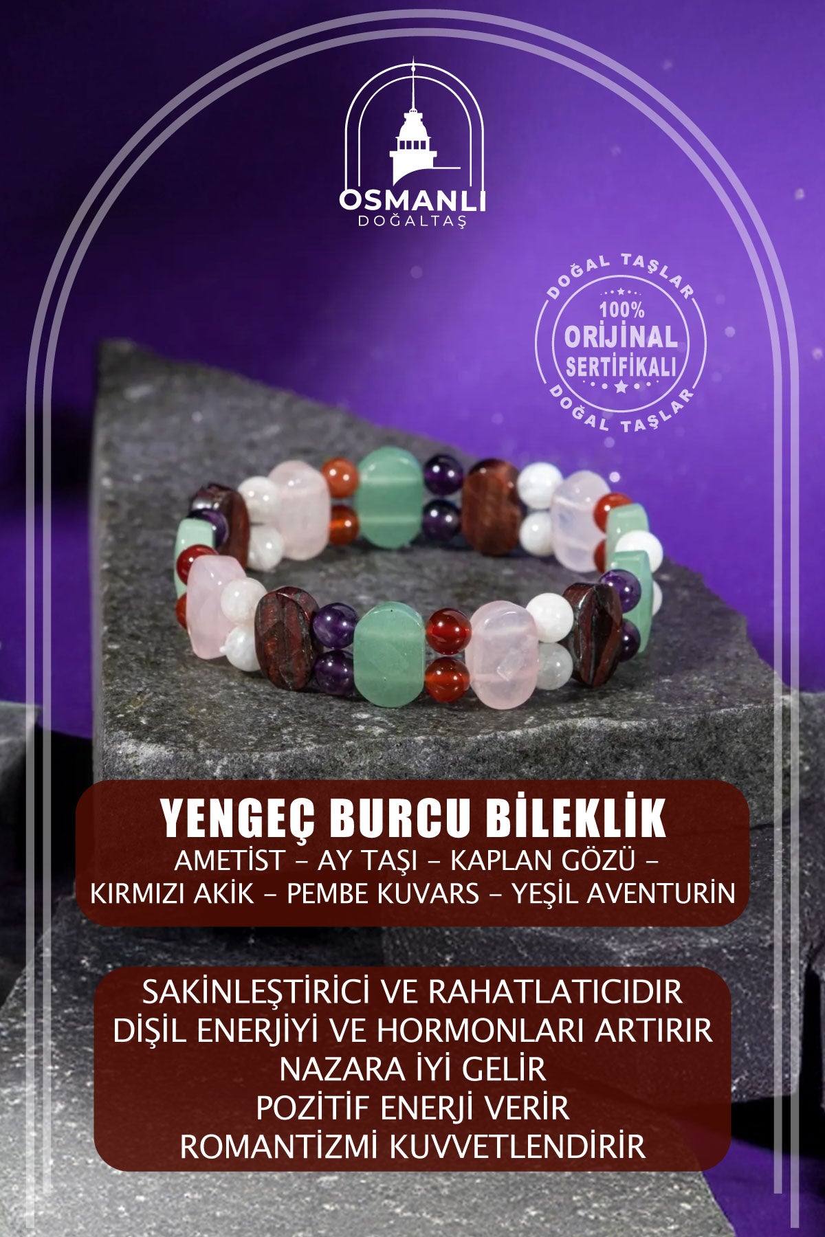 Yengeç Burcu Bileklik Ametist, Ay Taşı, Kaplan Gözü, Kırmızı Akik, Pembe Kuvars, Yeşil Aventurin