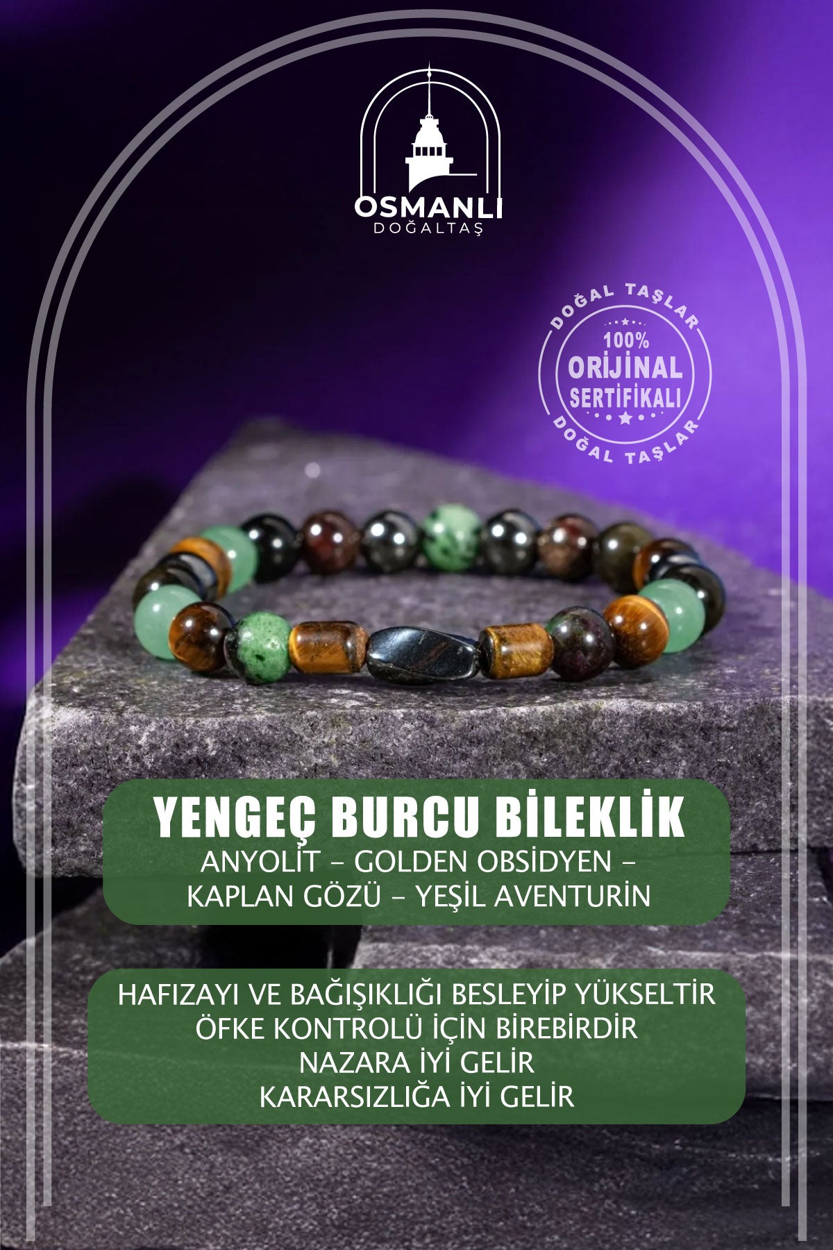Yengeç Burcu Bileklik Anyolit, Golden Obsidyen, Kaplan Gözü, Yeşil Aventurin
