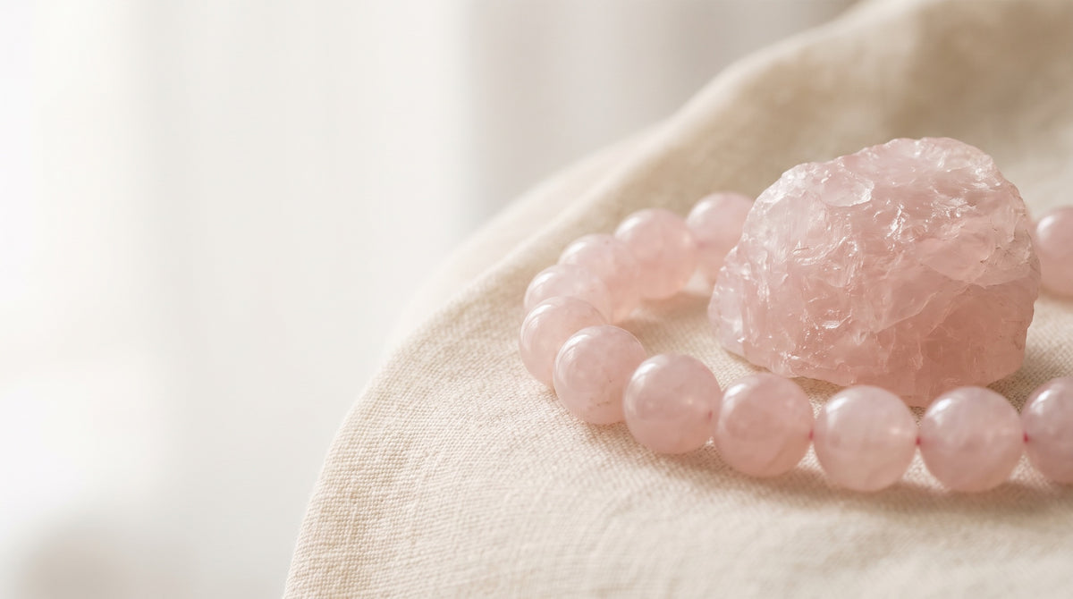 Sütlü açık pembe kuvars taşı boncukları ve kalp biçimli pembe kuvars