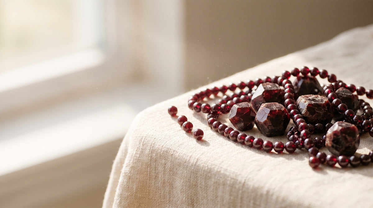 Bordo lal taşı (garnet) boncuklar ve ham granat kristali