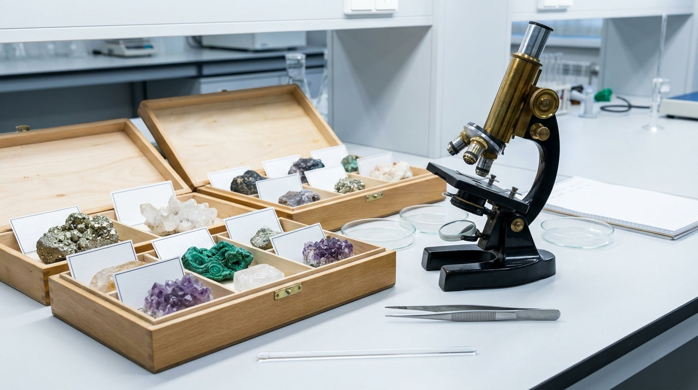 Laboratuvar tepsilerinde mineral örnekleri ve mikroskop