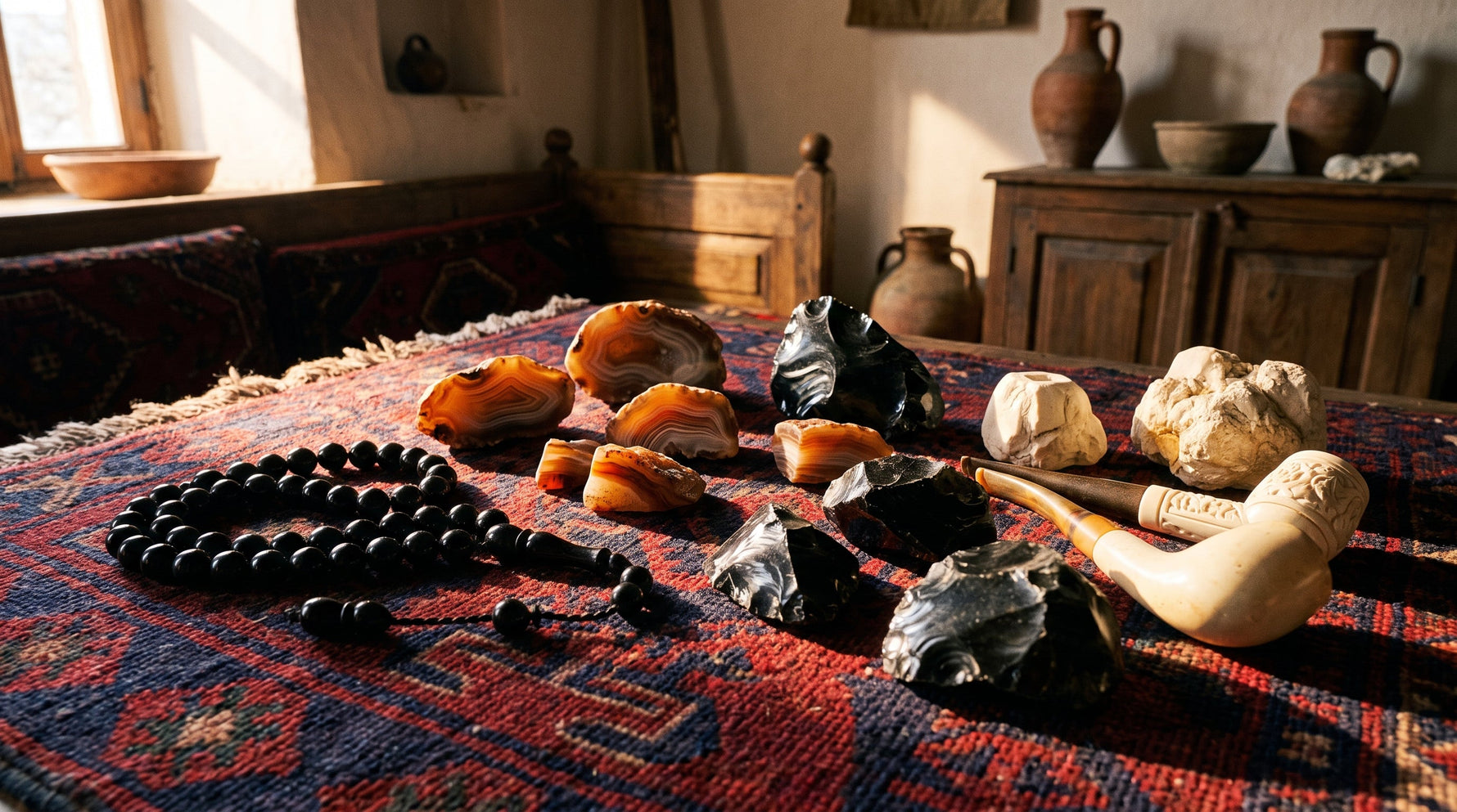 Kilim üzerinde Anadolu taşları: oltu tesbih, akik, obsidyen, lüle taşı