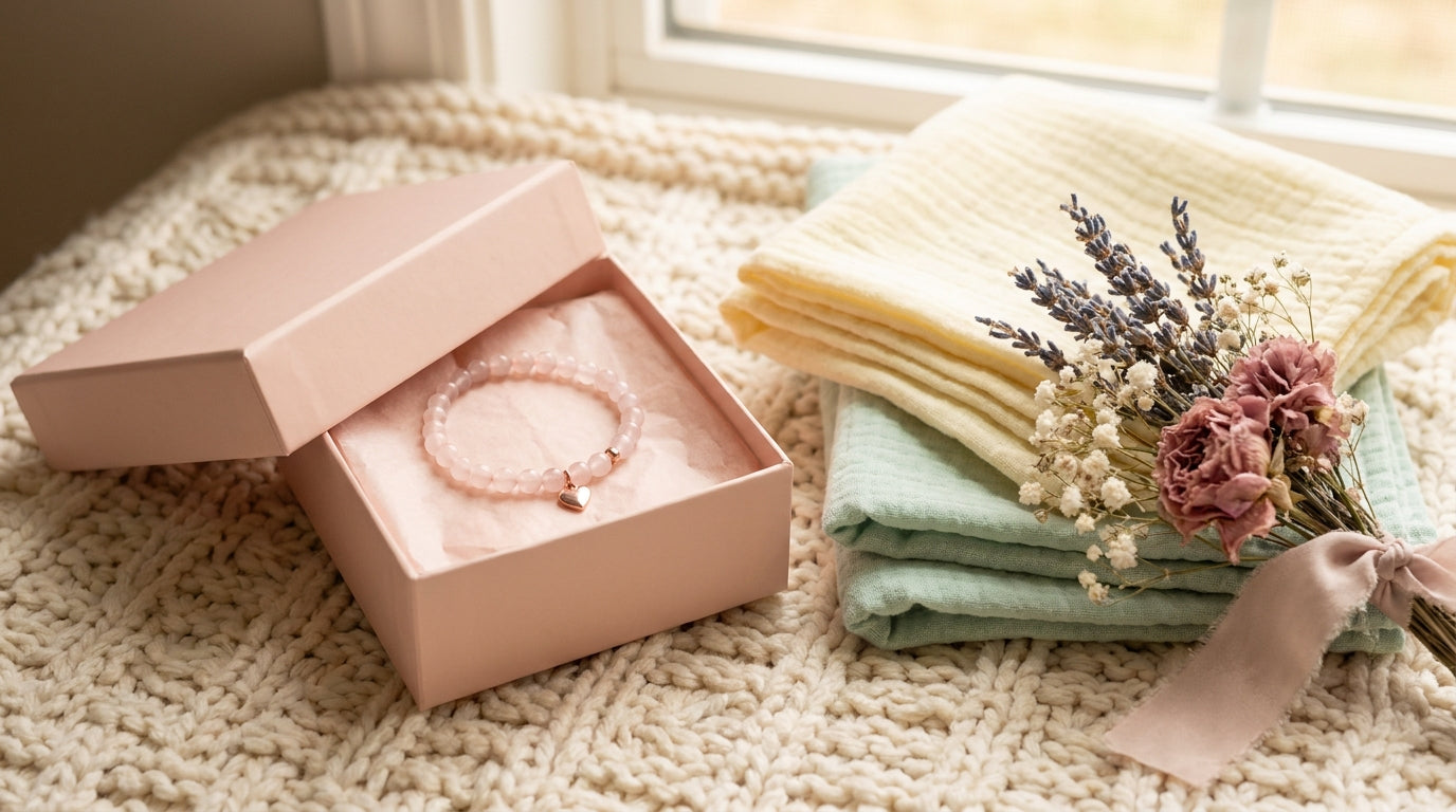 Pastel hediye kutusu ve pembe kuvars bileklik
