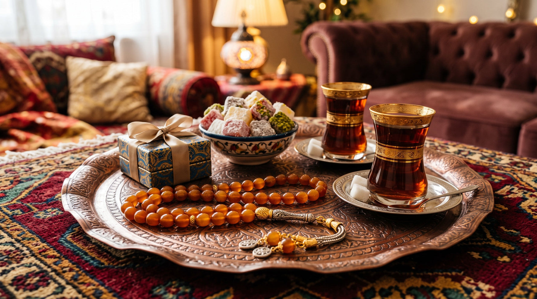 Tepside taş tesbih, hediye kutusu ve çay bardakları