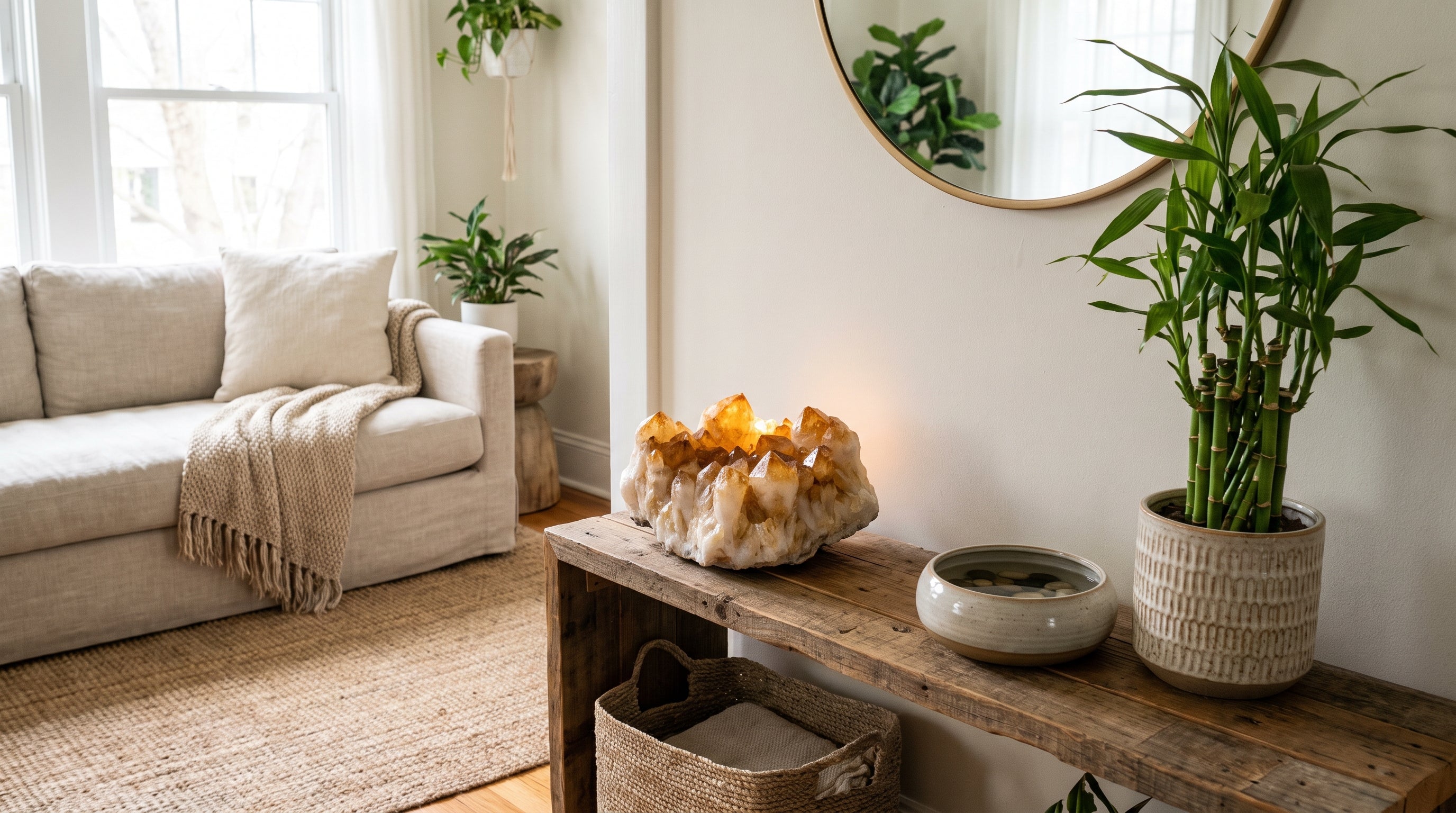 Feng shui köşesi: sitrin kümesi, bambu ve denge