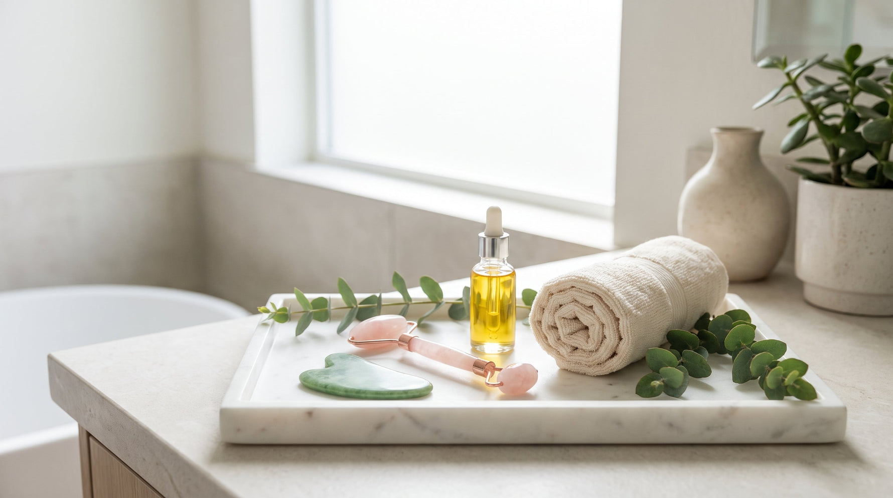 Mermer tepside yeşim gua sha taşı ve pembe kuvars yüz rolleri
