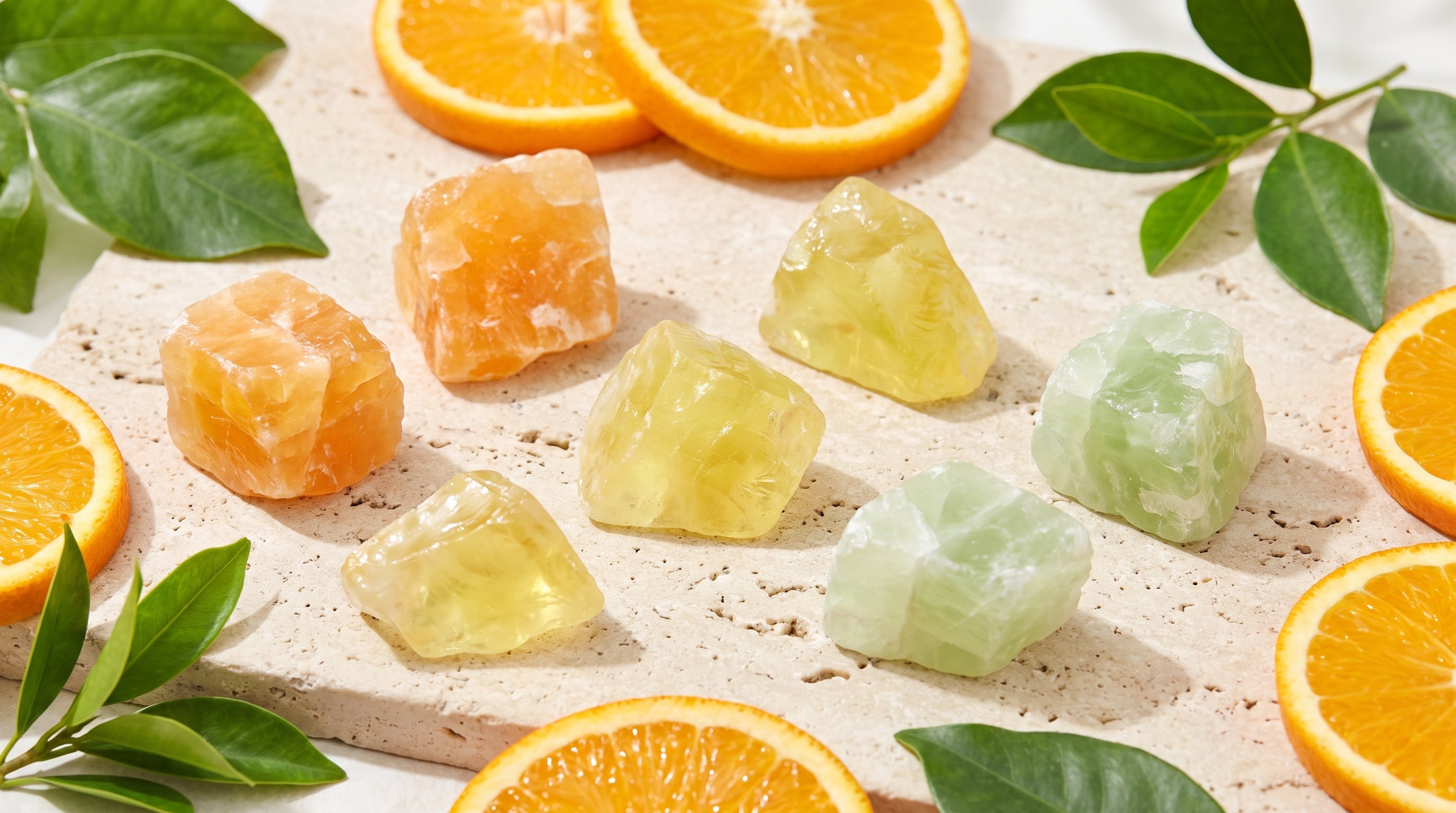 Narenciye tonlarında kalsitler: turuncu, limon, yeşil