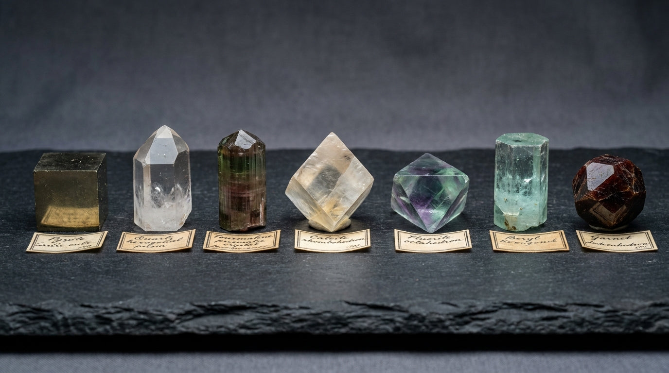 Farklı geometrik biçimlerde yedi kristal örneği
