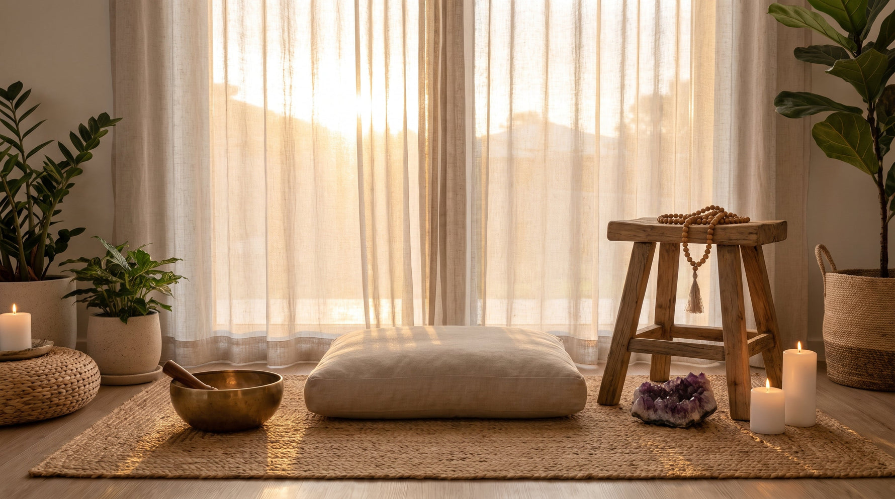 Gün doğumunda meditasyon köşesi: mala, ametist, tütsü