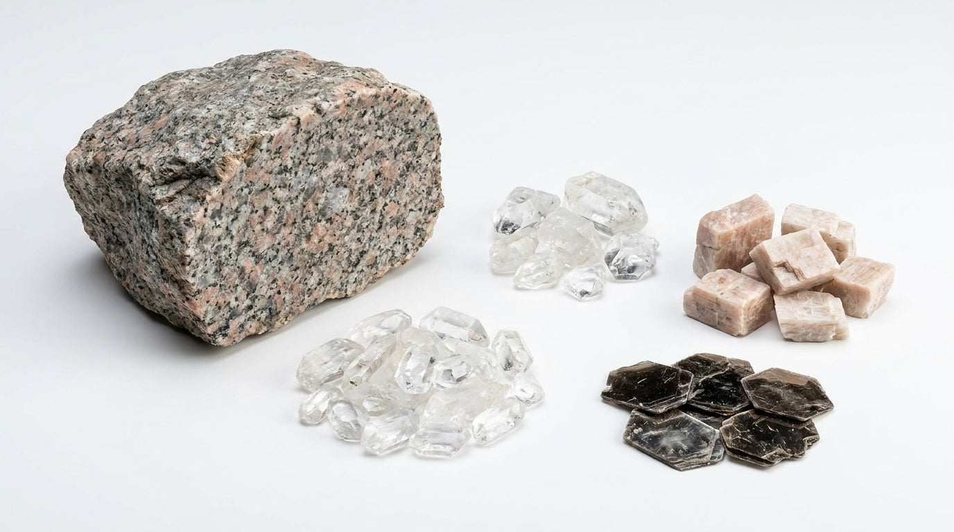 İkiye ayrılmış granit ve yanında ayrı mineral kristalleri