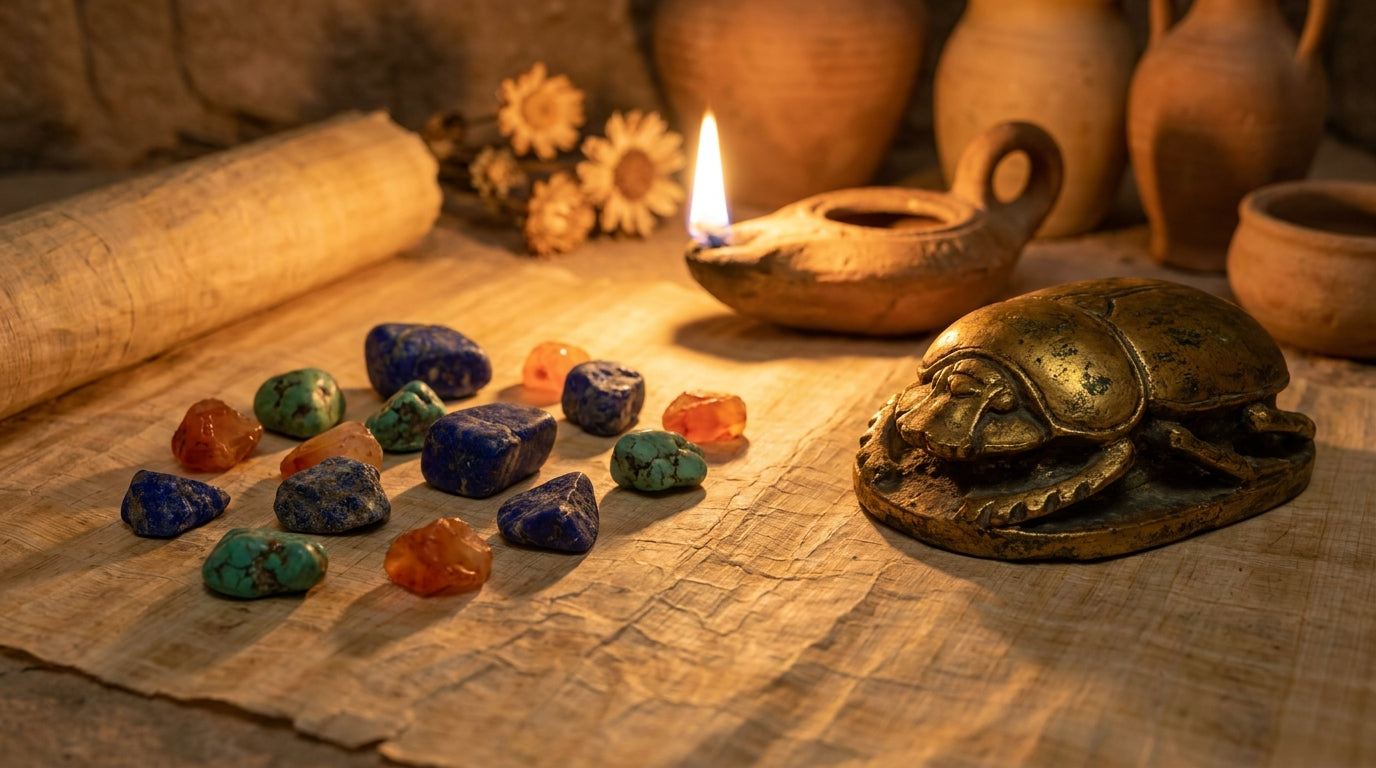 Papirüs dokulu zeminde lapis, turkuaz ve karnelian