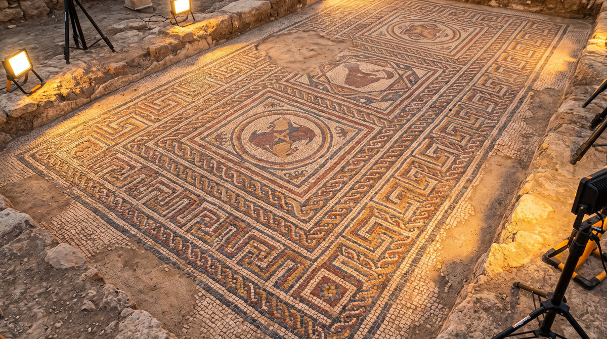 Geometrik bordürlü antik Roma taş mozaiği
