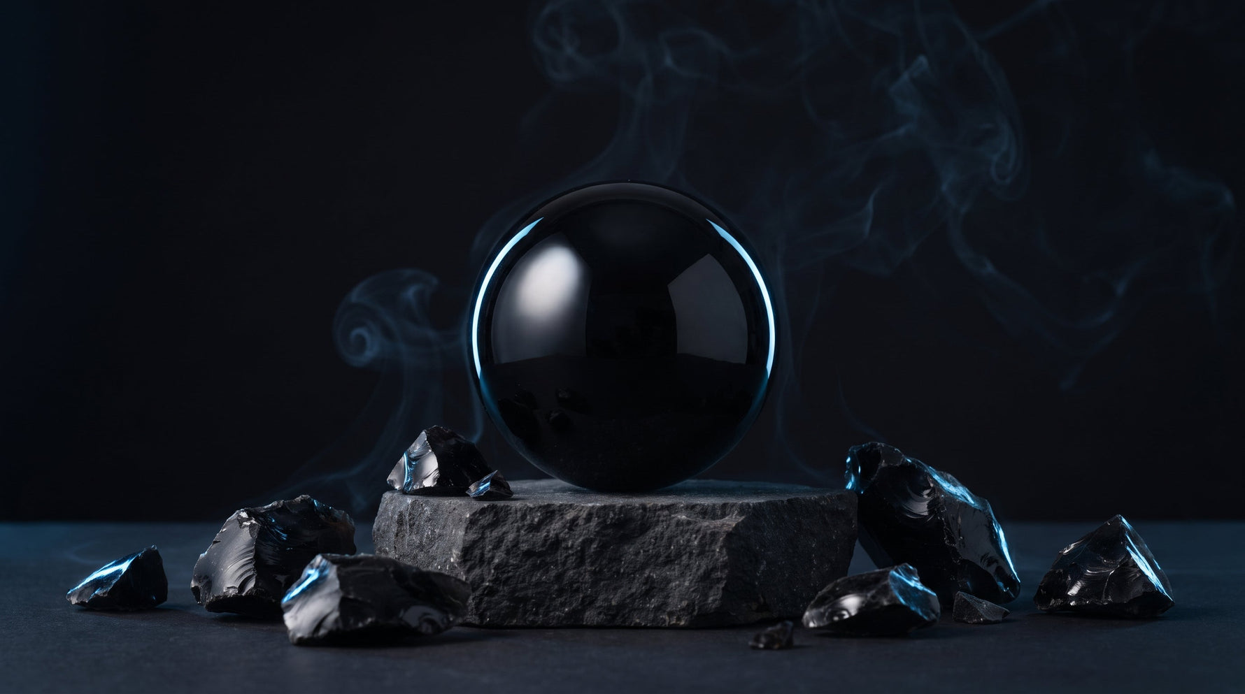 Siyah obsidyen küre ve ham volkanik cam parçaları