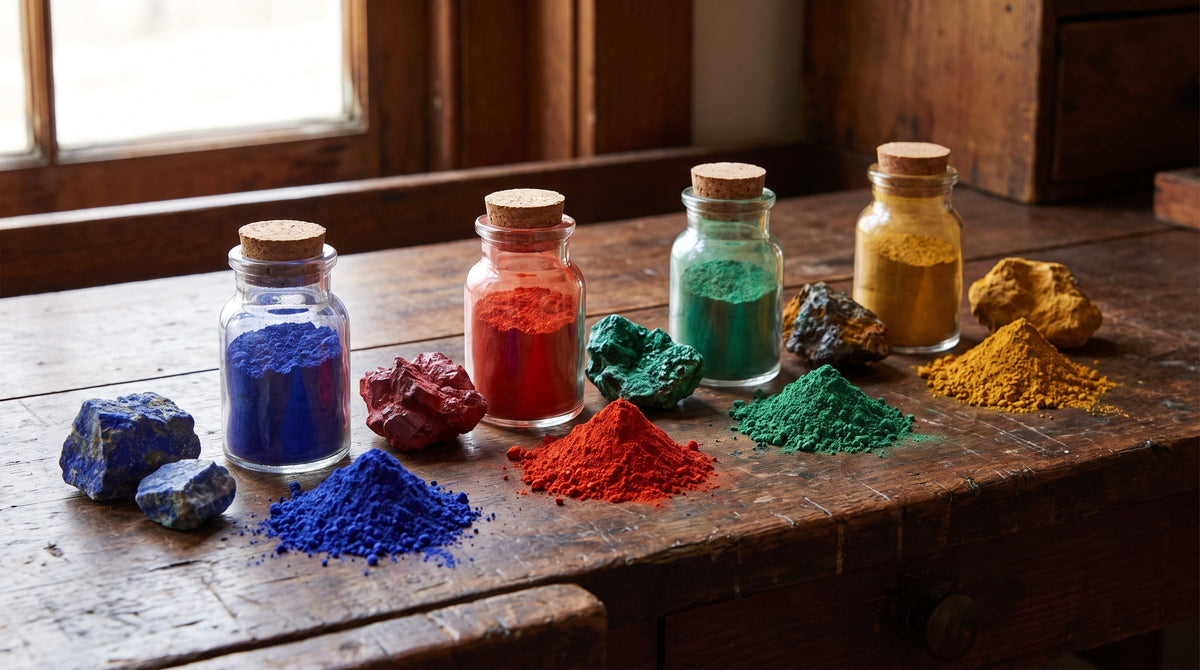 Kavanozlarda mavi, kırmızı, yeşil ve sarı mineral pigmentler