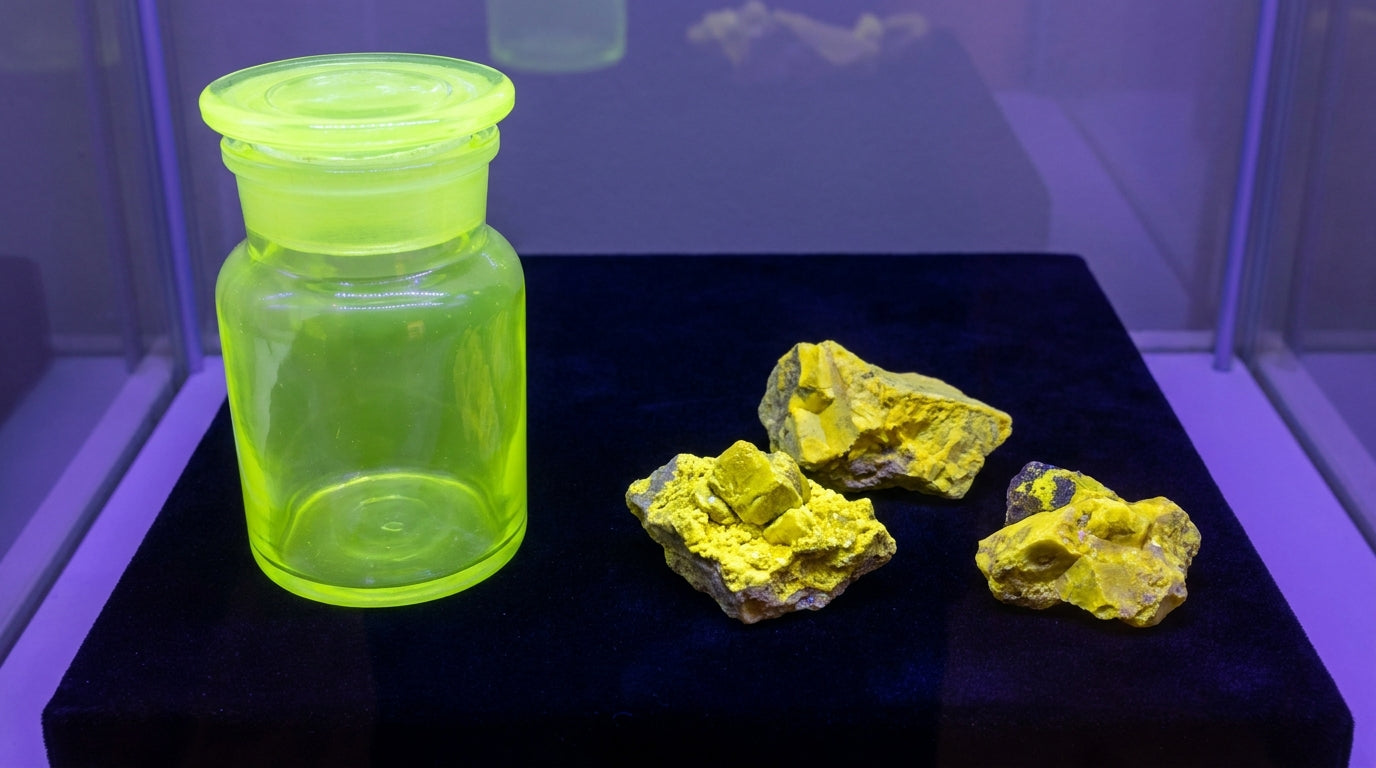 Vitrinde sarı-yeşil mineral örnekleri