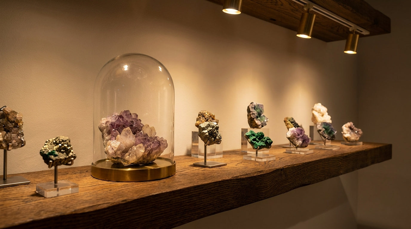 Ahşap rafta stantlarda mineral örnekleri