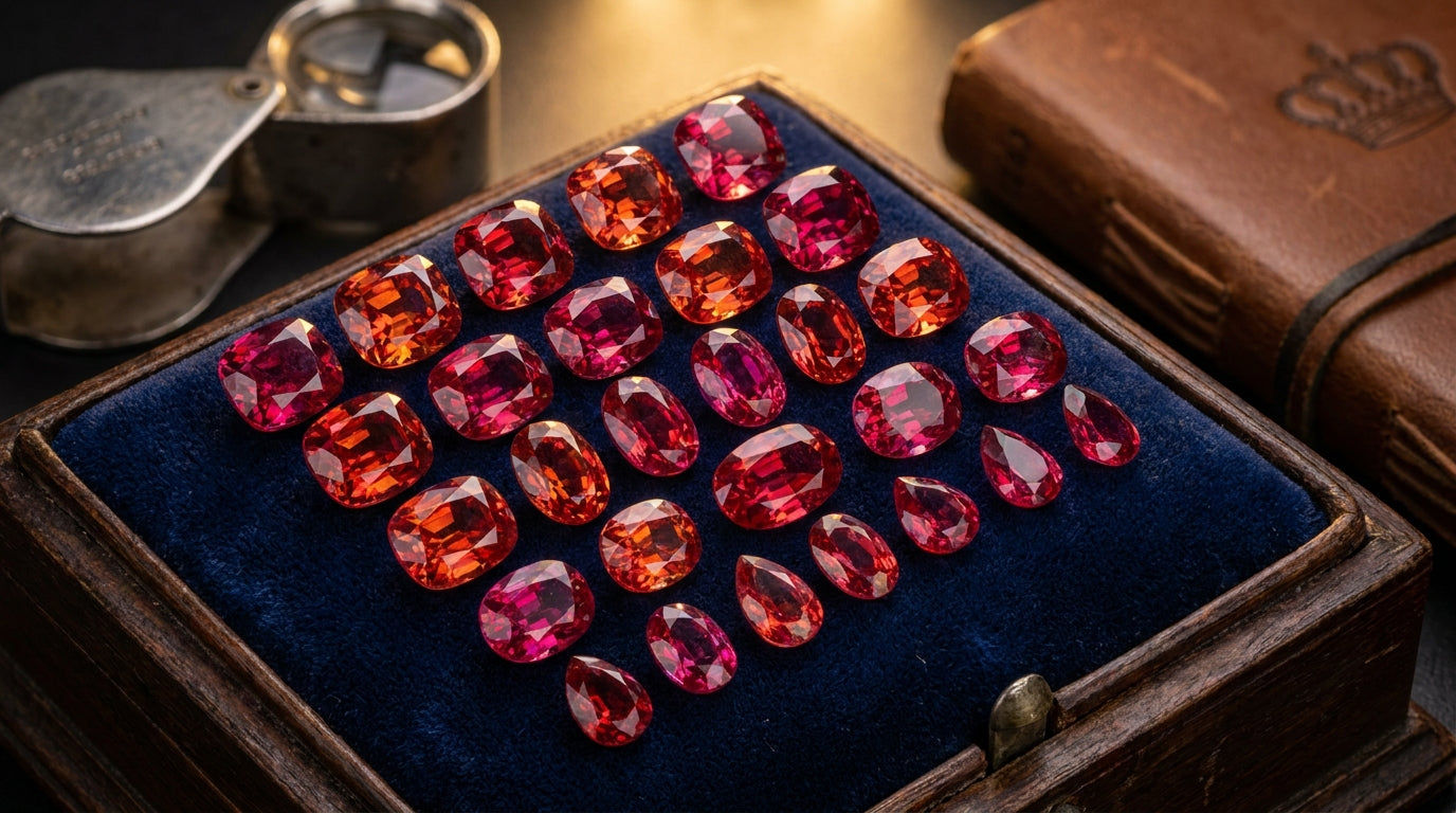 Koyu kadifede fasetli kırmızı ve pembe spinel taşları